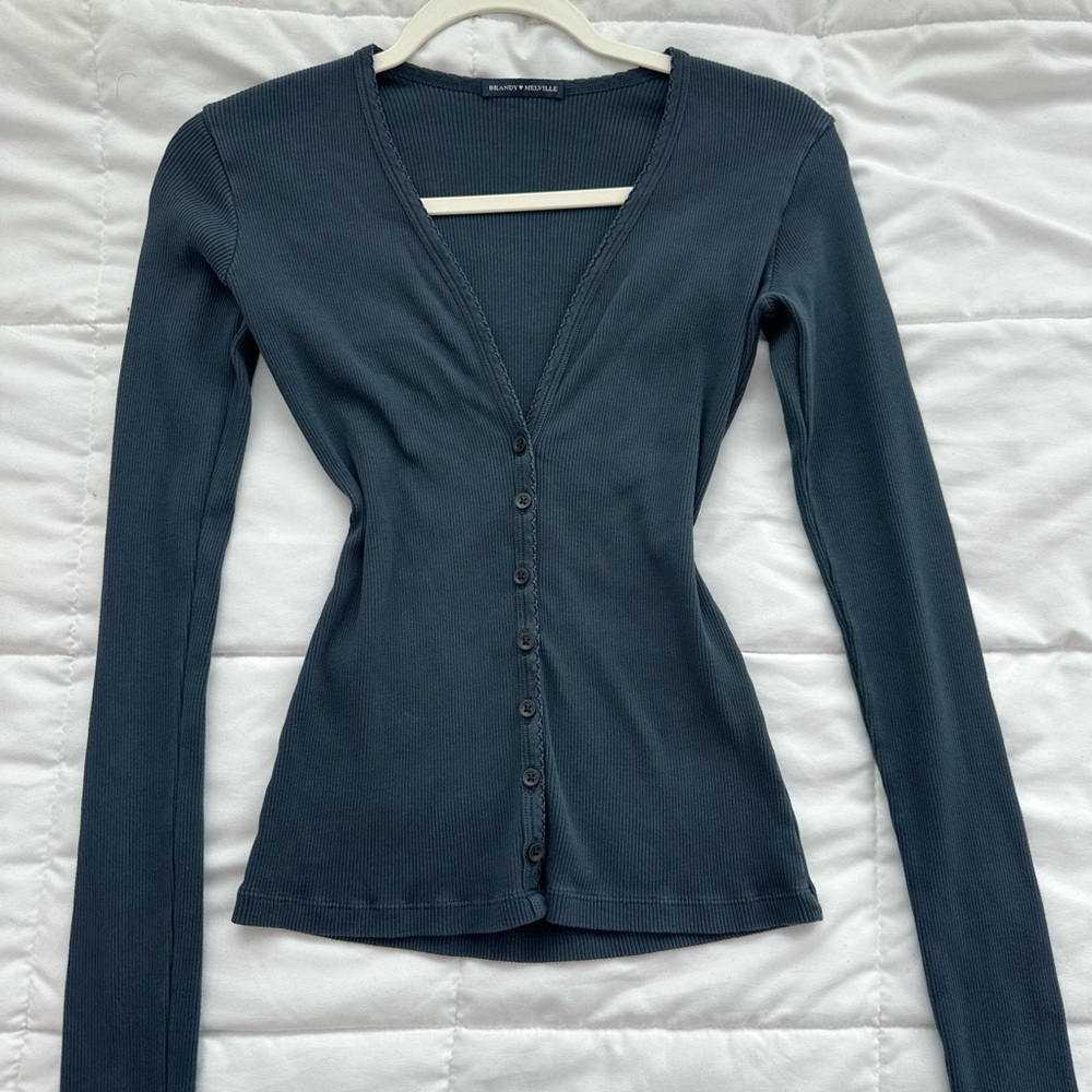 Brandy Melville Slate Blue Ribbed Button-Front Long Sleeve Top